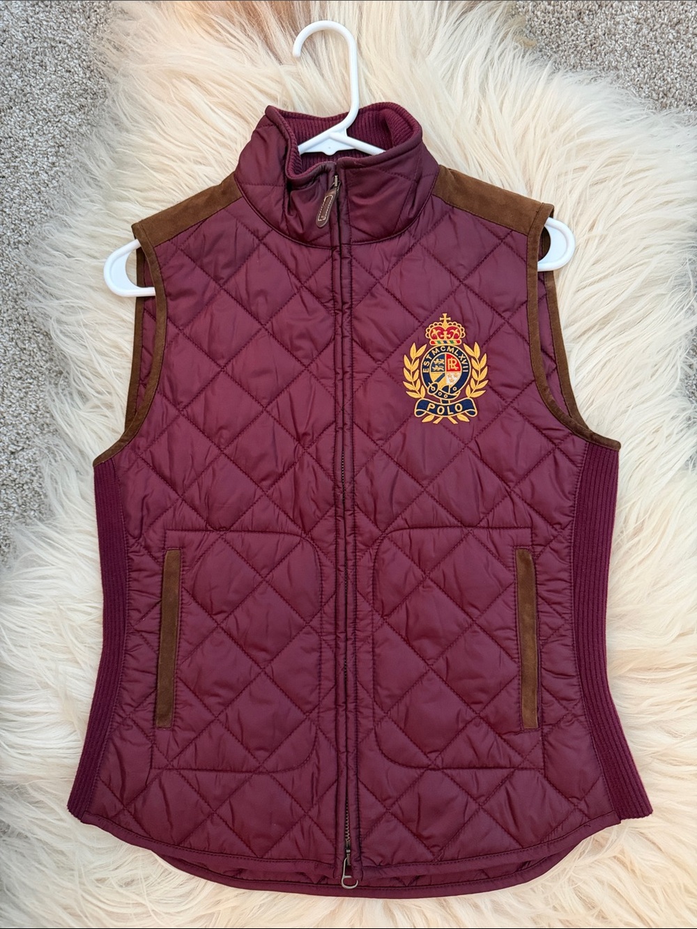 Polo by Ralph Lauren Women’s Burgundy Quilted Vest with Brown Trim